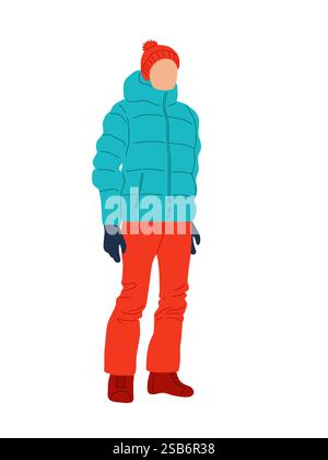 Dressed in a bright orange winter coat, green pants, and red boots, an individual stands ready for outdoor activities in chilly weather, clearly prepa Stock Vector