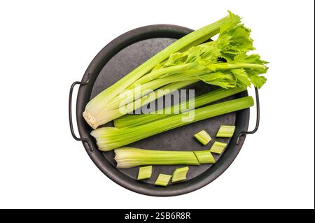 Sliced uncooked celery sticks in steel tray isolated on white background, top view. Stock Photo