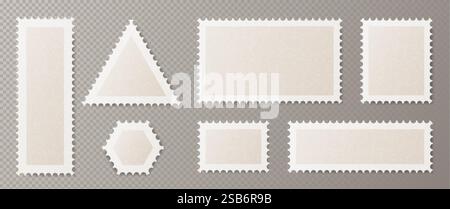 Postcard stamp frames set in different geometric shapes - vertical and horizontal rectangle, triangle, hexagon with white perforated borders. Vintage Stock Vector