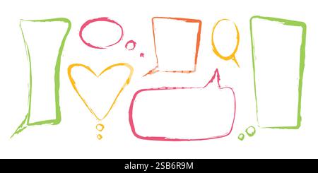 Crayon style speech bubble collection with multicolor outlines. Hand drawn cartoon dialog shapes. Chat communication elements with round, rectangular, Stock Vector