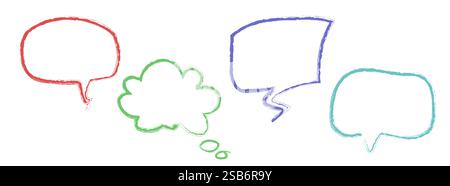 Colorful hand drawn speech bubble shapes with crayon texture in red, green, blue and turquoise outlines for comic dialogue, chat message or conversati Stock Vector