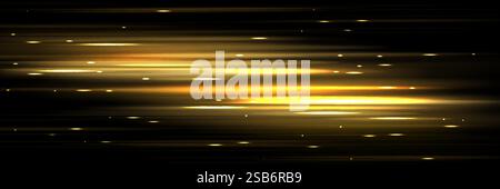 Horizontal golden speed light streaks with bright glowing particles, shimmering sparkles and luminous motion trails on dark background. Fast movement Stock Vector
