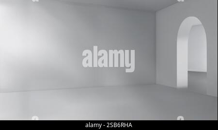 Empty 3d interior space with monochromatic gray surfaces. Minimalist room with smooth walls, clean floor and rounded archway entrance. Mockup for arch Stock Vector