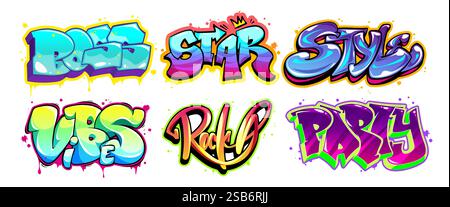 Graffiti cartoon lettering collection in bright gradient colors. Street art typography designs with decorative text painted with spray paint effect, d Stock Vector