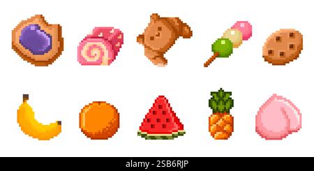 Pixel art food icons set with sweet pastries, fruits and snacks - blueberry tart, strawberry roll, croissant, candy, chocolate cookie, banana, orange, Stock Vector
