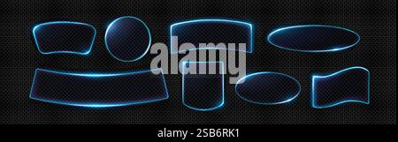 Transparent neon light frames set isolated on background. Vector realistic illustration of round, oval and abstract shape borders, web or mobile app u Stock Vector
