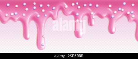 Pink candy drips with scattered pearls on transparent background - flowing sweet streams, sugary glaze pattern with glossy melted texture and shiny de Stock Vector