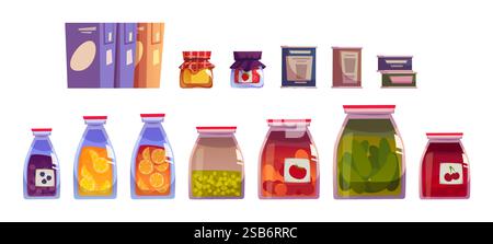 Home made preservation collection - glass jars with preserved fruits, berries and vegetables. Kitchen containers with citrus slices, pickled cucumbers Stock Vector