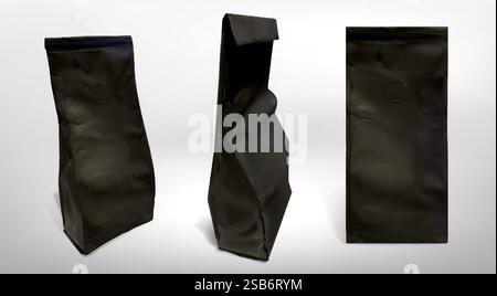 Paper coffee bag mockup of black gusseted pouches - minimalist containers shown from different angles with folded tops and embossed air elements. Prem Stock Vector