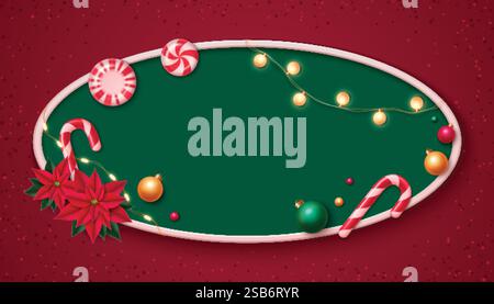 Merry Christmas 3d oval frame with red poinsettia flowers, peppermint candies on green background. Festive design decorated by glowing lights, ornamen Stock Vector