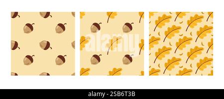 Set of autumn seamless patterns with leaves, berries, flowers. Vector graphics. Vector illustration Stock Vector