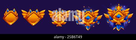 Game progress level badges with increasing complexity - basic shield shape evolving into ornate royal emblem with wings, gemstone crystals, ribbon and Stock Vector