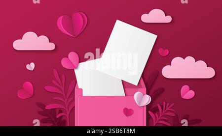 3d love letter composition - pink envelope with blank white papers, papercut hearts, clouds in rose colors, decorative leaves on burgundy background. Stock Vector