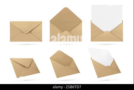Realistic kraft paper envelope set in different positions and states - closed, opened, containing white blank paper sheet or card. Postal mailing coll Stock Vector