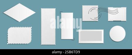 Postage stamp blank frame collection of various shapes - rectangular postal frames, circular mail form, oval vintage template, perforated edges. Mocku Stock Vector