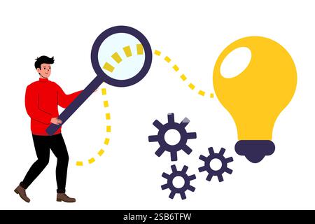 A person in a red sweater examines a light bulb with a magnifying glass, symbolizing creativity and innovation through gears. Stock Vector