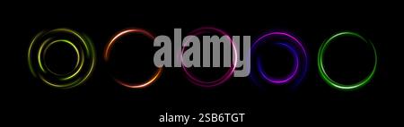 Neon light circles set isolated on black background. Vector realistic illustration of round yellow, orange, blue, green color portal glowing in darkne Stock Vector