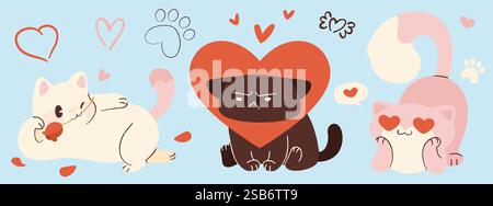 Cute Valentine cats with different emotions set. White romantic playful kitten lying with rose flower in mouth, dark grumpy pet with red heart shaped Stock Vector