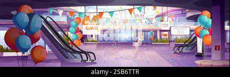 Mall entrance hall decorated for mega sale or anniversary event - festive interior with colorful balloons, triangle flags, falling confetti and discou Stock Vector