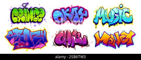 Graffiti lettering text collection in cartoon style - vibrant design of urban art. Bold typography with multicolored spray paint effects, drips, splas Stock Vector