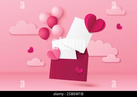 3d love letter on pink background with blank white post card inside red envelope decorated by floating papercut hearts, balloons and fluffy clouds. Gr Stock Vector