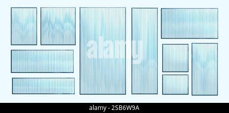 Ribbed glass panels set with different rectangular shapes. Transparent textured surfaces with vertical striped pattern in light blue color. Architectu Stock Vector