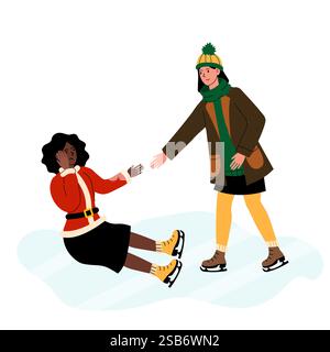 Two women skate on an outdoor rink in winter. One woman, dressed in a red sweater, has fallen on the ice and looks surprised. The other, wearing a gre Stock Vector