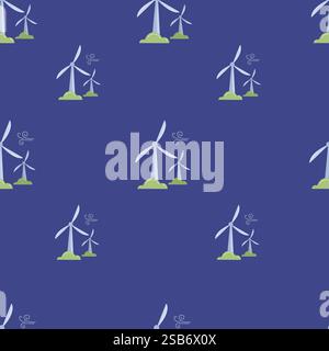 Colorful design features wind turbines set against a solid blue background, representing renewable energy sources. Stock Vector