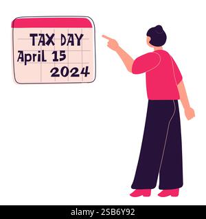 A woman pointing at a sign that says tax day. Stock Vector