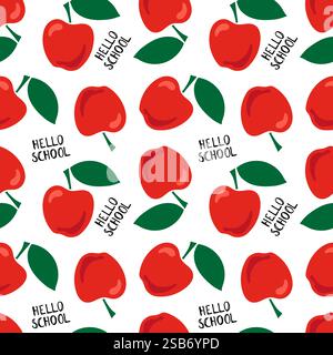 Seamless pattern with red ripe apples and leaves on a white background. Vector illustration in Doodle style. Vector illustration Stock Vector