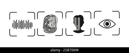 Five black and white icons are displayed in a row. The icons depict a voice print, a fingerprint, a person, an eye, and a face. Stock Vector