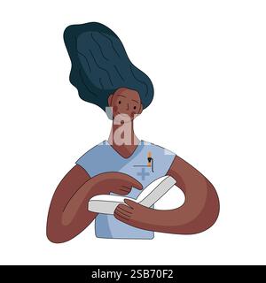 A health professional is engaged in reviewing medical notes with a focused expression. She wears a scrubs uniform and holds a notepad, surrounded by a Stock Vector