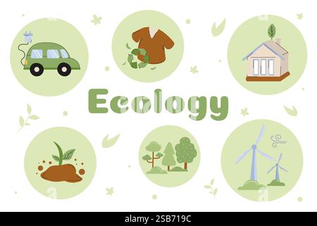 Various icons represent ecological concepts, including renewable energy, recycling, sustainable clothing, and environmental conservation. Stock Vector