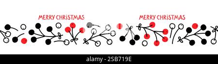 Decorative border showcases a whimsical design with black and red dots, featuring cheerful Merry Christmas text on a white background. Stock Vector