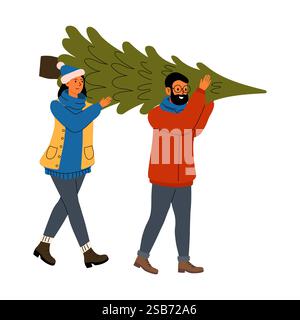 A man in an orange jacket and glasses carries a large Christmas tree, while a woman in a blue coat and hat walks beside him, smiling as they enjoy the Stock Vector