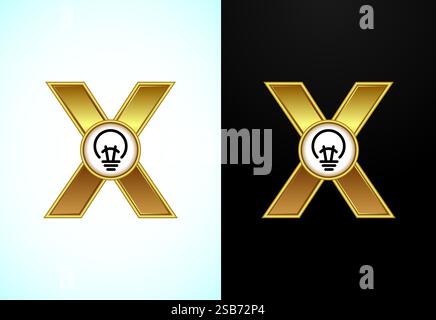 English letter X with electric bulb in gold color, Creative idea logo concept Stock Vector