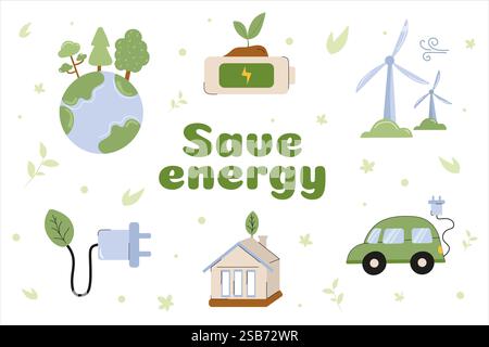 This illustration highlights the importance of saving energy through renewable resources and sustainable practices. Stock Vector