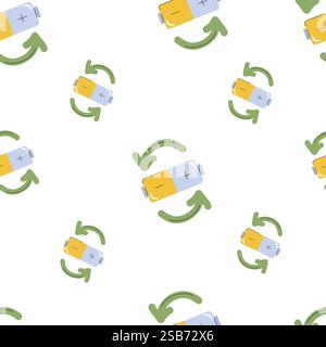 A repeating pattern features rechargeable battery icons surrounded by green arrows on a white backdrop, representing sustainability. Stock Vector