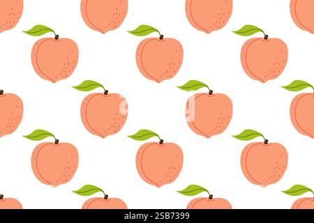 A colorful pattern featuring multiple peaches with green leaves set against a clean white backdrop creates a cheerful and inviting aesthetic, perfect Stock Vector