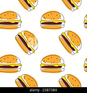burger seamless pattern on food theme, on white background. Vector illustration Stock Vector