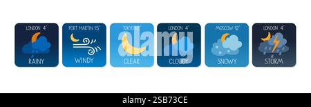 A collection of weather icons illustrates conditions like rainy, windy, and snowy for several global locations including London and Tokyo. Stock Vector