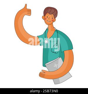 A cheerful doctor, wearing scrubs and a stethoscope, offers a thumbs up while holding a medical chart, showcasing a supportive atmosphere in a healthc Stock Vector