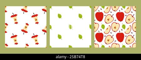 A collection of three distinct patterns showcases playful apple designs and green leaves, perfect for fabrics or stationery. The vibrant colors add a Stock Vector