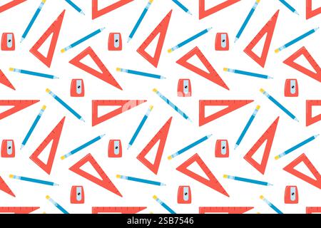 Graphic vector seamless pattern with school kit accessories: triangles, angle protractors and rulers. Endless texture. Vector illustration Stock Vector