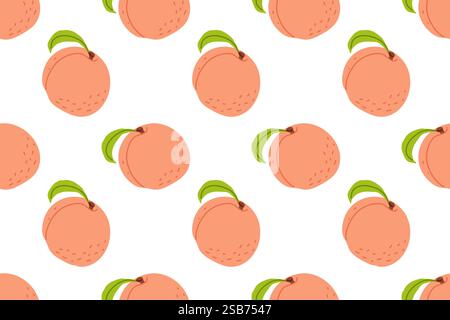 A vibrant design featuring multiple illustrated peaches with green leaves set against a white background. Stock Vector
