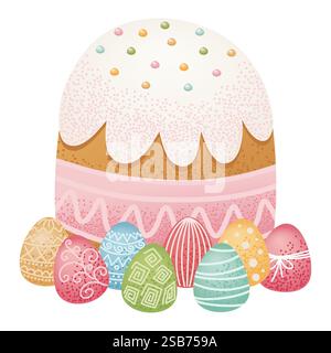 Traditional Easter cake with icing and sprinkles surrounded by decorated eggs in various colors and patterns. Easter celebration design for greeting Stock Vector