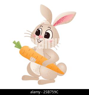 Cute cartoon Easter bunny holding a large carrot. Easter holiday and spring celebration concept for greeting card, invitation, poster, and print. Flat Stock Vector