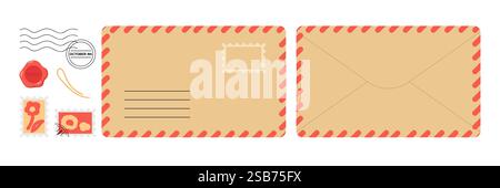 A collection of vintage-style envelope designs showcases decorative stamps, seals, and a postmark, perfect for crafting projects or artistic expressio Stock Vector