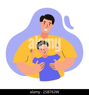 A father joyfully embraces his son, both smiling, in a bright, colorful illustration depicting love and happiness. Stock Vector
