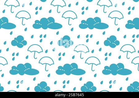 A whimsical arrangement features clouds, umbrellas, and raindrops in vibrant shades of blue against a white background, creating a cheerful ambiance. Stock Vector